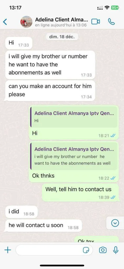 WhatsApp screenshot showing customer praising 4K sports streaming quality 5